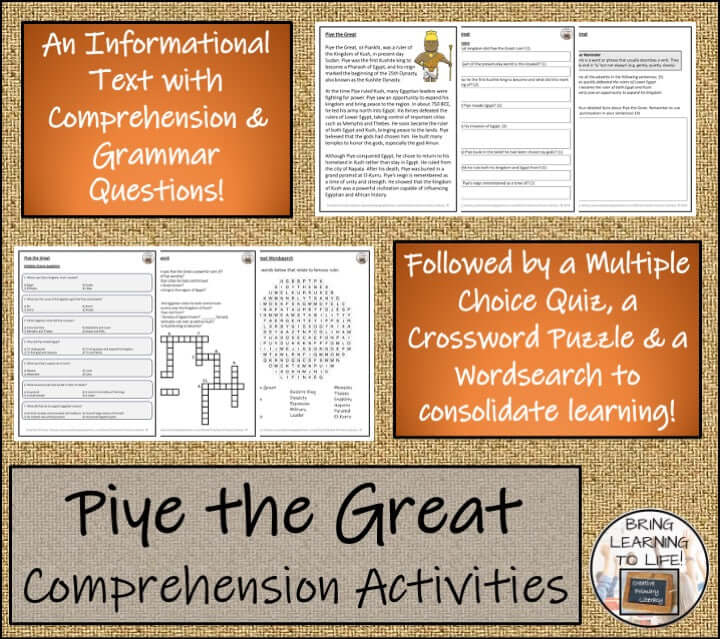 Piye the Great Close Reading & Biography Bundle | 3rd Grade & 4th Grade comprehension activities including text, quiz, crossword.