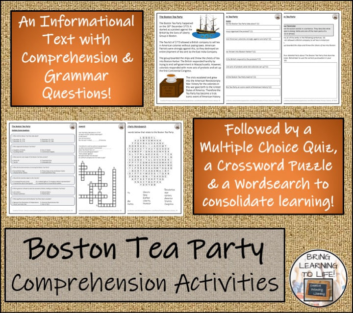 Boston Tea Party Close Reading Comprehension Activities | 3rd Grade & 4th Grade