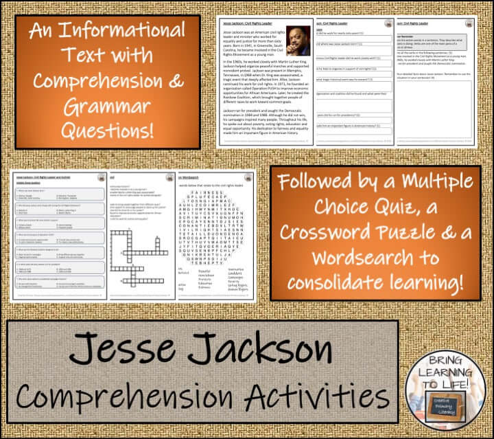 Jesse Jackson comprehension and biography bundle for 3rd and 4th grade reading activities.