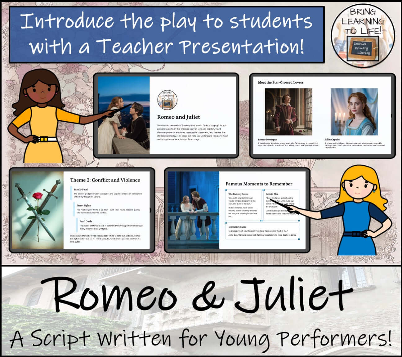 Romeo and Juliet | Play Script & Close Reading Bundle | 3rd Grade & 4th Grade teacher presentation and resources overview.