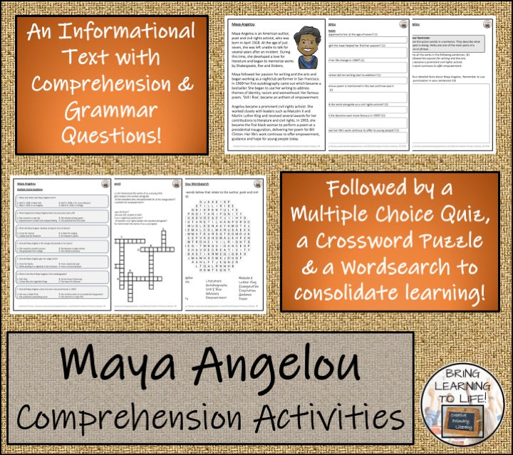 Maya Angelou Close Reading Comprehension Activities | 3rd Grade & 4th Grade