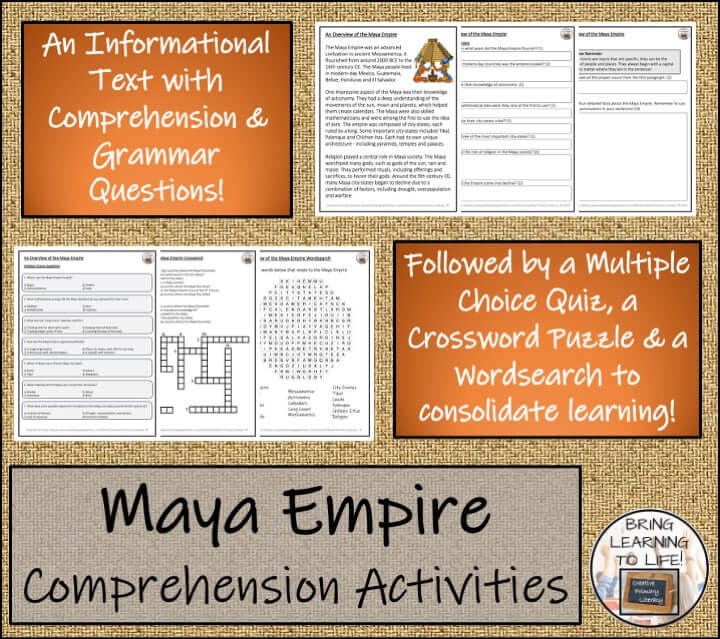 Maya Empire reading activities and presentation for 3rd-4th grade students with engaging materials.