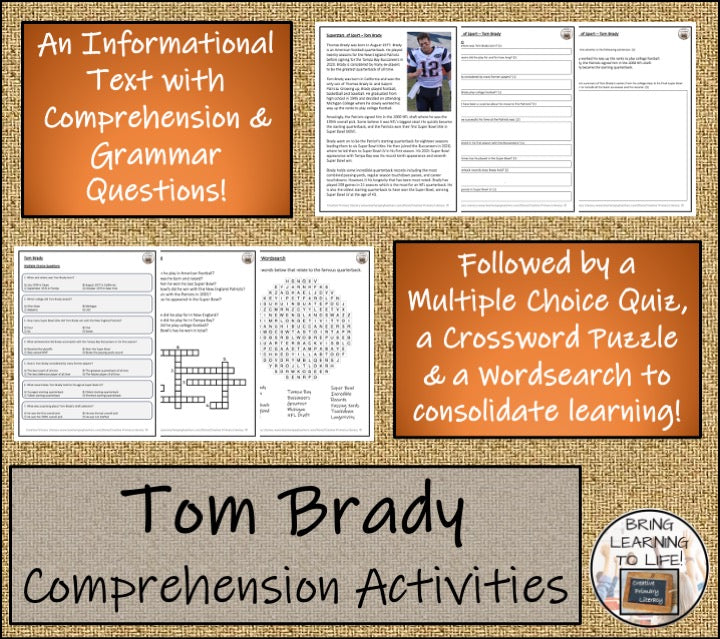 Tom Brady Close Reading Comprehension Activities | 5th Grade & 6th Grade