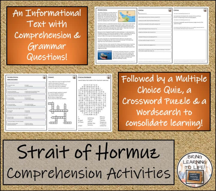 Strait of Hormuz Close Reading & Comprehension Activities | 5th–6th Grade featuring quizzes and puzzles for student engagement.