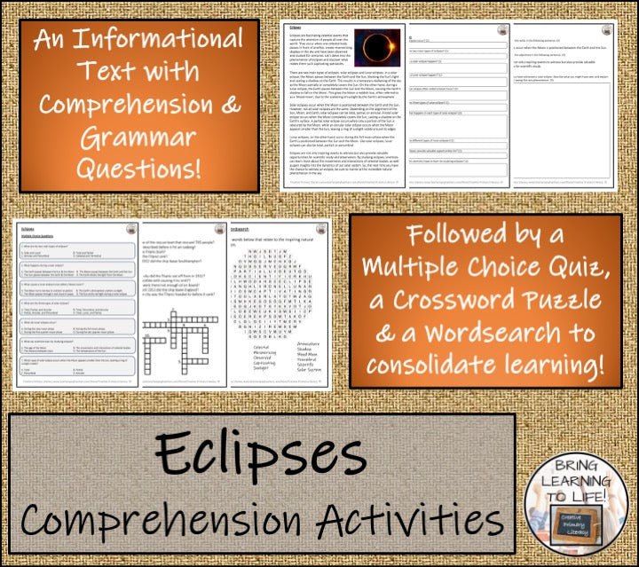 Eclipses Close Reading Comprehension Activities | 5th Grade & 6th Grade