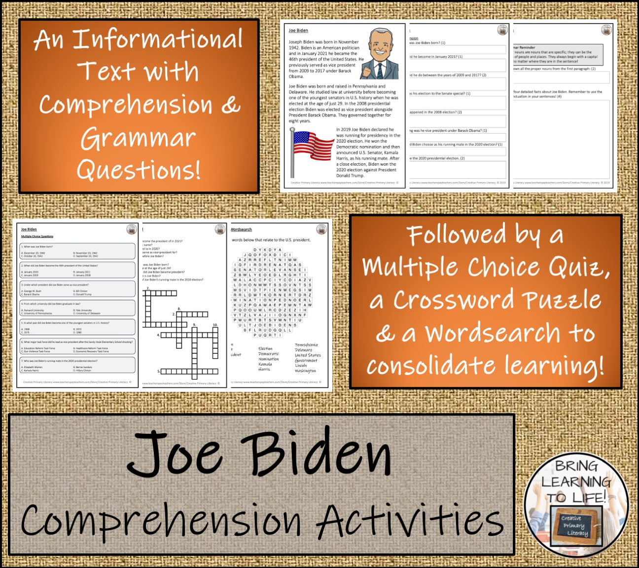 Joe Biden Close Reading Comprehension Activities | 3rd Grade & 4th Grade