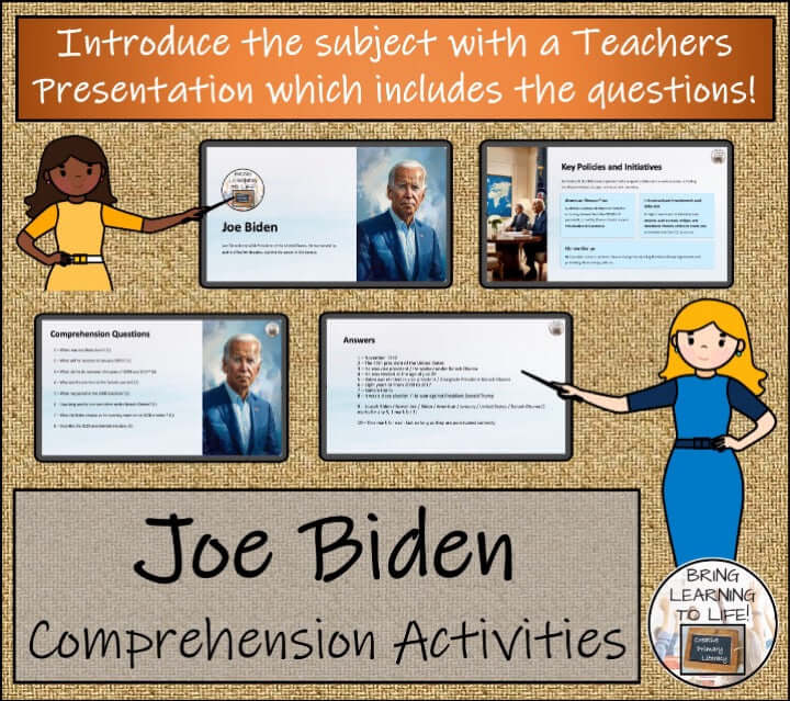 Joe Biden Close Reading & Biography Bundle | 3rd Grade & 4th Grade, Teachers Presentation with comprehension questions.