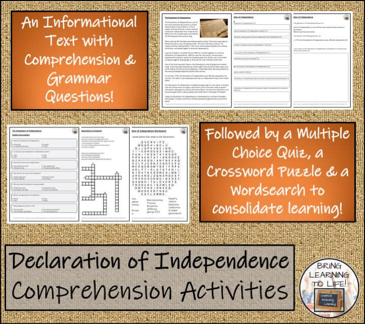 Declaration of Independence Reading Comprehension Activities | 5th–6th Grade worksheets with quizzes and puzzles.