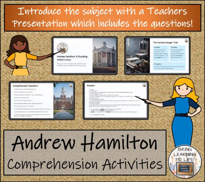 Andrew Hamilton Close Reading Passage & Comprehension Activities | 5th–6th Grade visual guide with questions and answers.