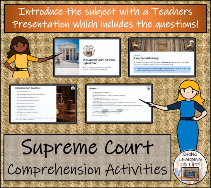 The Supreme Court Close Reading & Comprehension Activities | 5th–6th Grade teacher presentation and comprehension questions.