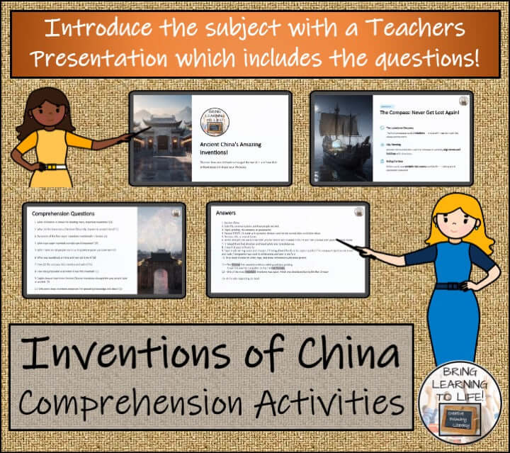 Inventions of Ancient China Reading Comprehension Activities | 5th–6th Grade teacher presentation with questions and answers.