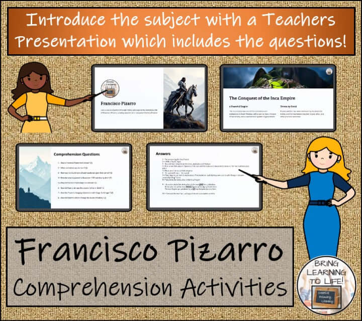 Francisco Pizarro comprehension and biography bundle for 3rd-4th grade reading activities and presentation.