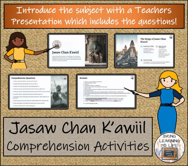 Maya King reading comprehension activities featuring Jasaw Chan K'awiil for 3rd-4th grade students.