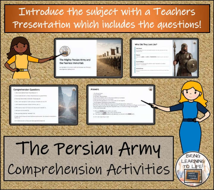 The Persian Army & The Immortals Reading Comprehension Activities | 5th & 6th Grade teacher presentation and comprehension questions.