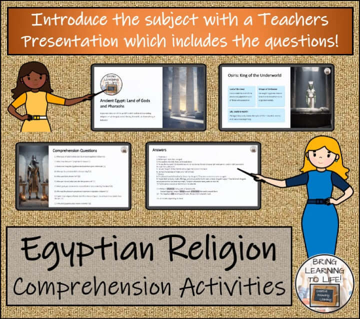 Religion & Gods of Ancient Egypt Reading Comprehension Activities | 5th–6th Grade teacher presentation with questions.
