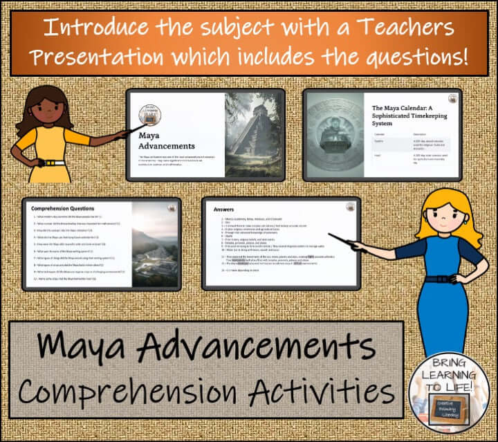 Maya Empire Advancements Reading Comprehension Activities | 3rd & 4th Grade teacher presentation and comprehension questions overview