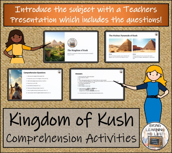 Kingdom of Kush reading activities for 3rd-4th grade, including comprehension questions and presentation materials.