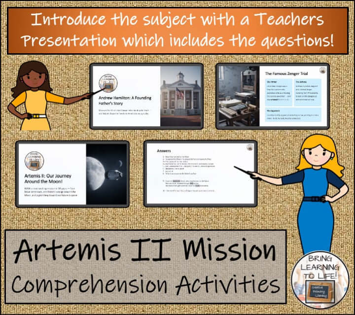 Artemis II Mission Close Reading & Comprehension Activities | 3rd–4th Grade teacher presentation with questions