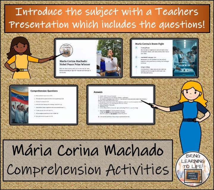 María Corina Machado Close Reading Comprehension Activities | 3rd & 4th Grade