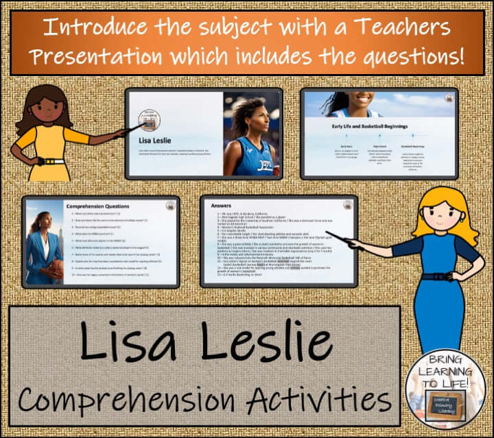 Lisa Leslie Close Reading Passage & Comprehension Activities | 3rd–4th Grade visual overview with teacher presentation and questions.