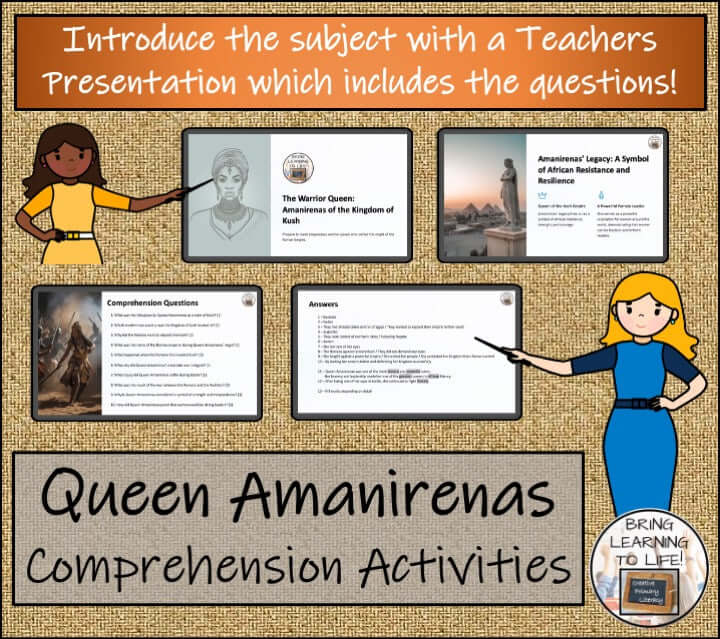 Queen Amanirenas Close Reading Comprehension Activities | 3rd & 4th Grade teacher presentation with comprehension questions.