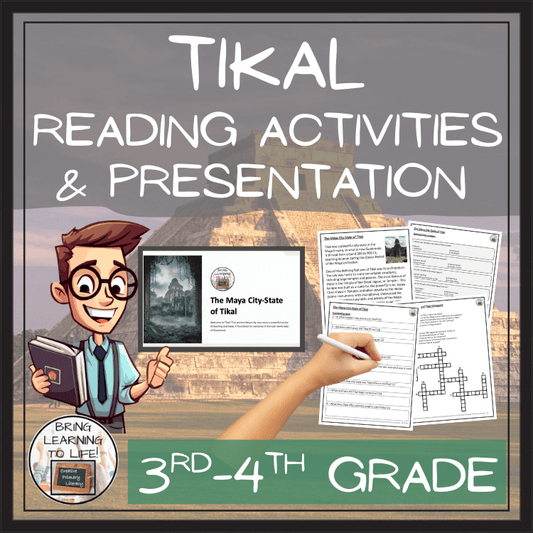 Tikal reading comprehension activities and presentation for 3rd-4th grade with engaging worksheets.